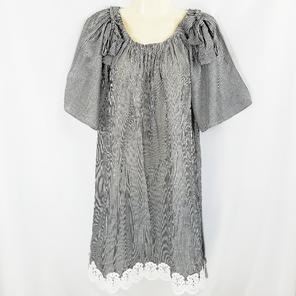 She & Sky Gray/White Stripe Off-Shoulder Dress M - Picture 1 of 7